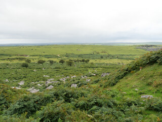 Blick von der Cheese Wring auf die weite Landschaft des Bodmin Moor England