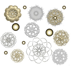 illustration, Christmas motifs, graphic resource, snowflakes, white and gold, ornament, decoration, holidays, outline, metal, 3d style, refined, luxurious, soft, delicate, class, stylish, radial patte