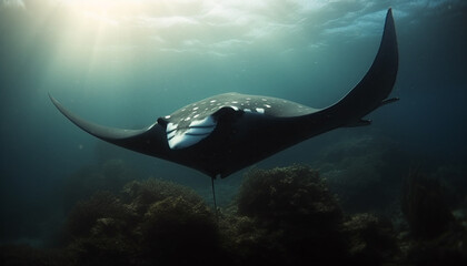 Majestic manta ray swimming in blue sea, a breathtaking adventure - obrazy, fototapety, plakaty