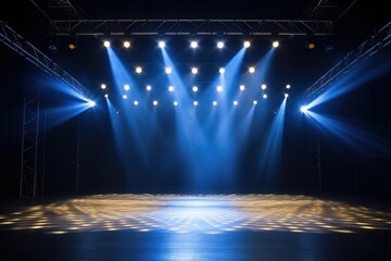 Illuminated stage with scenic lights and smoke. Blue spotlight with smoke volume light effect on black background. - obrazy, fototapety, plakaty