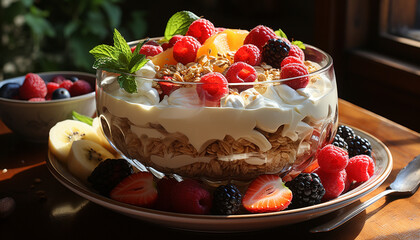 Freshness and sweetness in a homemade berry parfait on wooden table generated by AI - obrazy, fototapety, plakaty