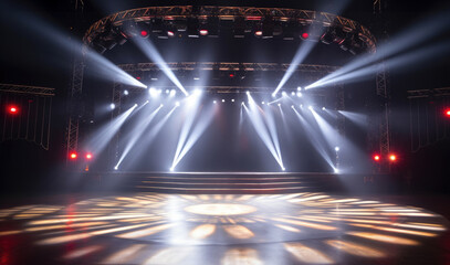 Illuminated stage with scenic lights and smoke. White spotlight with smoke volume light effect on black background. - obrazy, fototapety, plakaty
