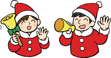サンタ衣装にメガホンとハンドベルでイベントを盛り上げる男女のイラスト