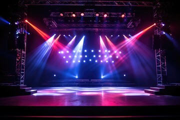 Illuminated stage with scenic lights and smoke. Blue and red spotlight with smoke volume light effect on black background. - obrazy, fototapety, plakaty