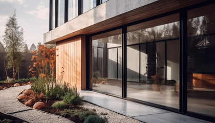 Modern architecture reflects nature through glass, creating elegant outdoors indoors