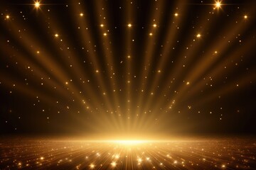 Fototapeta premium Illuminated stage with scenic golden glitter lights with spotlight volume light effect on gold background. for display your product. Spotlight realistic ray.