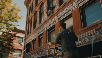 Two men standing in front of skyscraper, one in suit