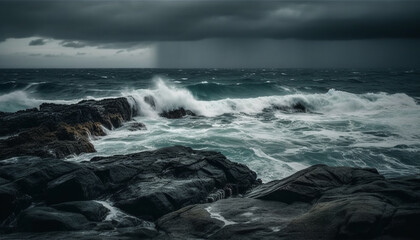 Obraz premium Breaking waves crash against rocky cliffs in dramatic seascape beauty