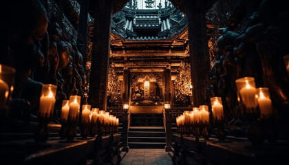 Fototapeta premium Candlelight illuminates ancient altar in tranquil place of worship