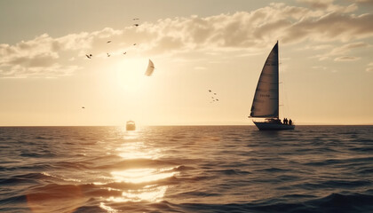 Fototapeta premium Sailing yacht glides on waves, chasing the sunset beauty