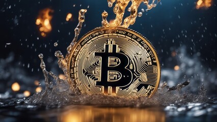 Golden bitcoin coin in fire flame, water splashes and lightning. Bitcoin Gold blockchain