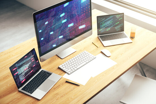 Modern computer monitor with abstract programming language, research and development concept. 3D Rendering