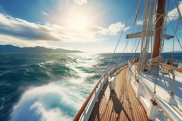 Tuinposter Scenic ship deck view sailing on wave-filled sea under a sunny sky. Generative AI © Cassidy