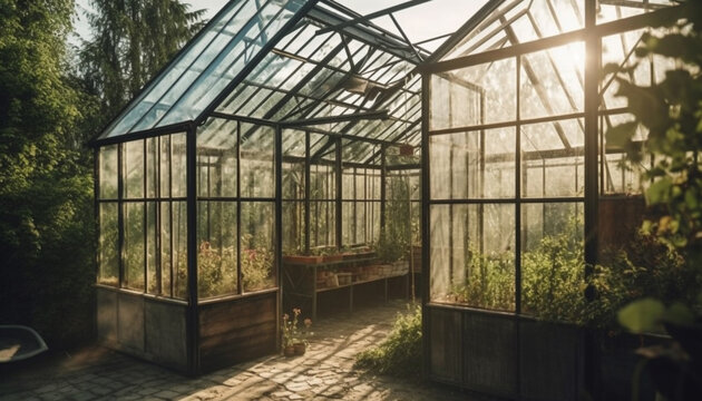 Transparent glass greenhouse showcases organic plant growth in natural environment