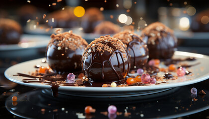 Indulgent dessert buffet with homemade chocolate dipped marshmallow donuts generated by AI