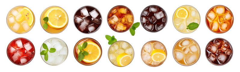 Set of glasses summer lemonade and iced coffee, top view isolated on transparent background.