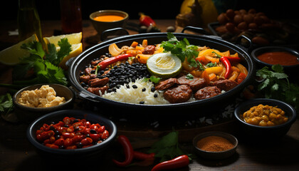 Freshness and spice enhance the gourmet grilled meat and vegetables generated by AI