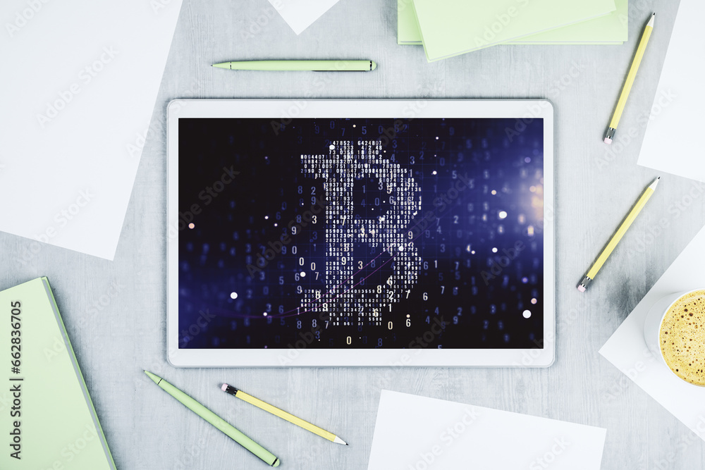 Poster Creative Bitcoin concept on modern digital tablet screen. Top view. 3D Rendering
