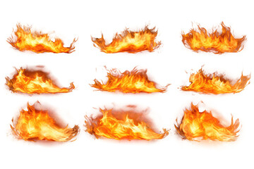 Collection set realistic fire flame effect isolated on transparent background.