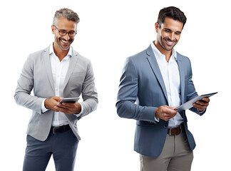 Portrait of smiling Business man holding digital tablet for research online isolated on transparent background. - Powered by Adobe