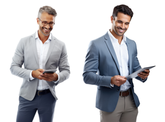 Portrait of smiling Business man holding digital tablet for research online isolated on transparent background.