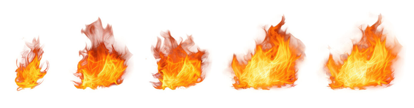 Collection set realistic fire flame effect isolated on transparent background.