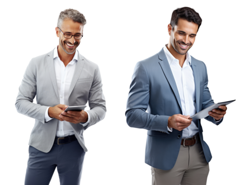 Portrait of smiling Business man holding digital tablet for research online isolated on transparent background. - Powered by Adobe