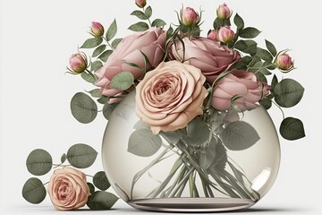 Glass vase with roses. AI generated