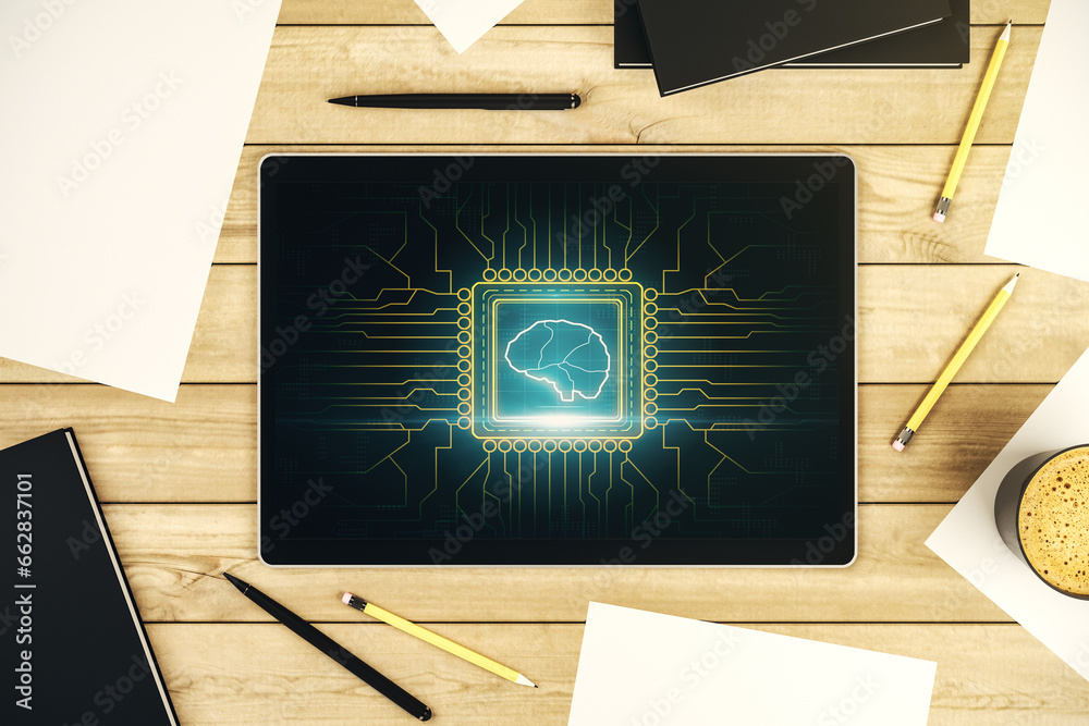 Poster creative artificial intelligence concept with human brain sketch on modern digital tablet display. t