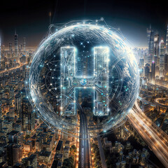 Naklejka na ściany i meble Digital abstract: Hydrogen's Energy Sphere in Neon Cyberpunk City