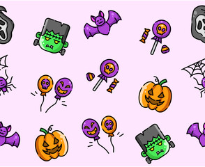 Halloween Seamless Pattern Cute Cartoon Character Icon Vector Illustration. Pumpkin, Bat, Spider, Ghost, Candy, Ballons Decoration Background
