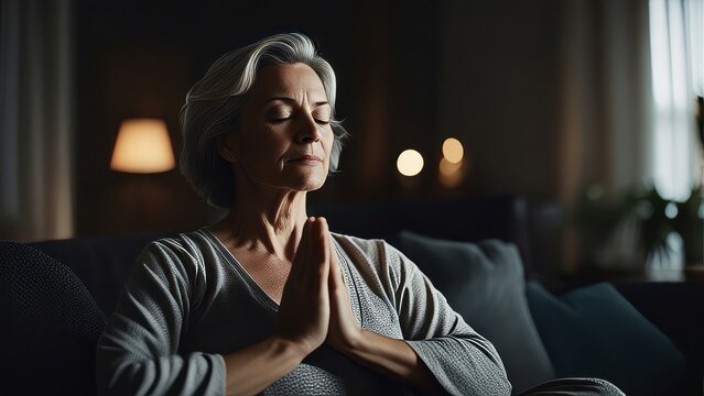 Middle aged woman meditating at home with eyes closed, relaxing body and mind in a living room