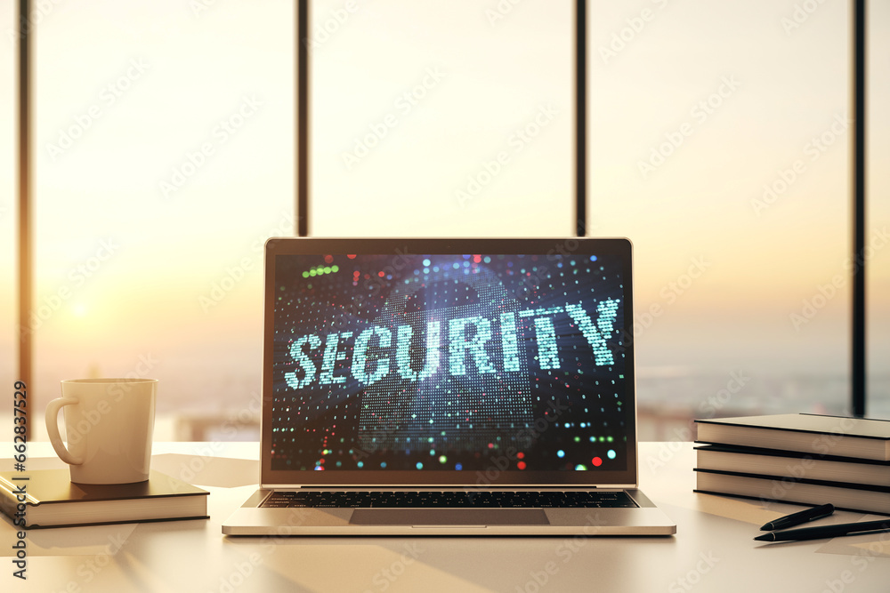 Poster cyber security creative concept on modern laptop monitor. 3d rendering