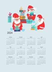 Calendar vector template for year 2024 with hand drawn funny Santas with gifts on light blue background