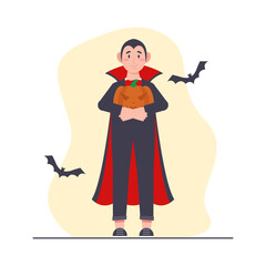 Man in a vampire costume holding a halloween pumpkin. Vector illustration.