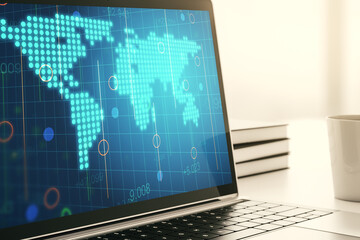 Modern computer display with abstract graphic world map, big data and networking concept. 3D Rendering