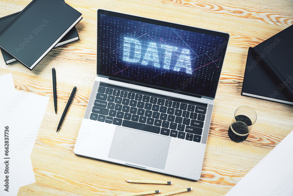 Poster creative data word sign on modern laptop screen. 3d rendering