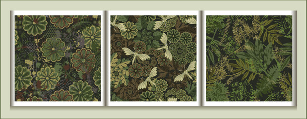 Seamless khaki green camouflage patterns with nature elements. Floral motifs with leaves, flowers, butterfly, abstract shapes. For apparel, fabric, textile, sport good design.