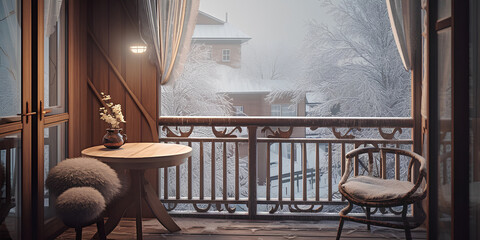 Cozy city terrace with table in winter