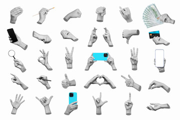 Set of 3d hand gestures ok, peace, thumb up, dislike, point to object, holding magnifier, money, mobile phone, bank card, writing on white background. Contemporary art, creative collage. Modern design