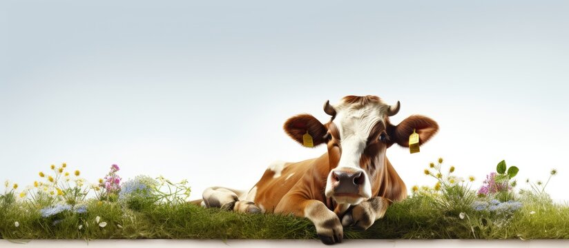 Cow at dairy farm resting after meal With copyspace for text