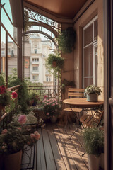 Fototapeta na wymiar Beautiful decorated city terrace with table and decorative plants