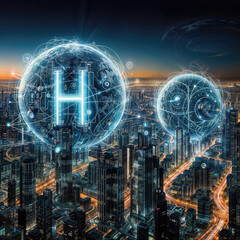 Fototapeta premium Digital abstract: Neon City's Hydrogen Spheres - A Futuristic Pair