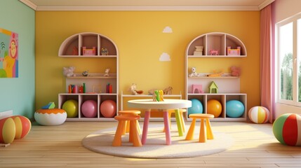 Nursery room for preschool children with colorful interior in kindergarten or nursery daycare with toys and nobody in for educational and recreational  purposes - obrazy, fototapety, plakaty