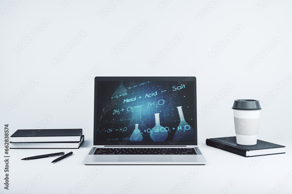 Poster Modern computer monitor with creative chemistry concept, research and development concept. 3D Rendering