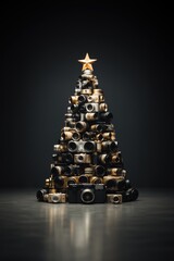 Sapin de Noël du Photographe : Carte de Voeux avec Appareils Photos et Objectifs - obrazy, fototapety, plakaty