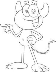 Outlined Smiling Little Devil Cartoon Character Pointing. Vector Hand Drawn Illustration Isolated On Transparent Background