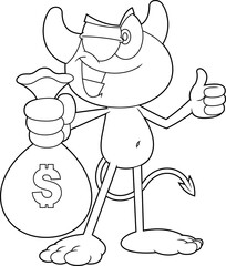 Outlined Winking Little Devil Cartoon Character Holding A Money Bag and Giving The Thumbs Up. Vector Hand Drawn Illustration Isolated On Transparent Background