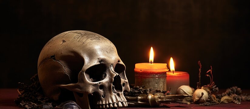 Former religious worship is depicted in a still life with an aged skull candle and incense highlighted by selective focus With copyspace for text