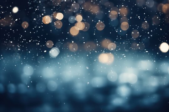 Moody christmas snow and light bokeh backgroud. Generative AI.